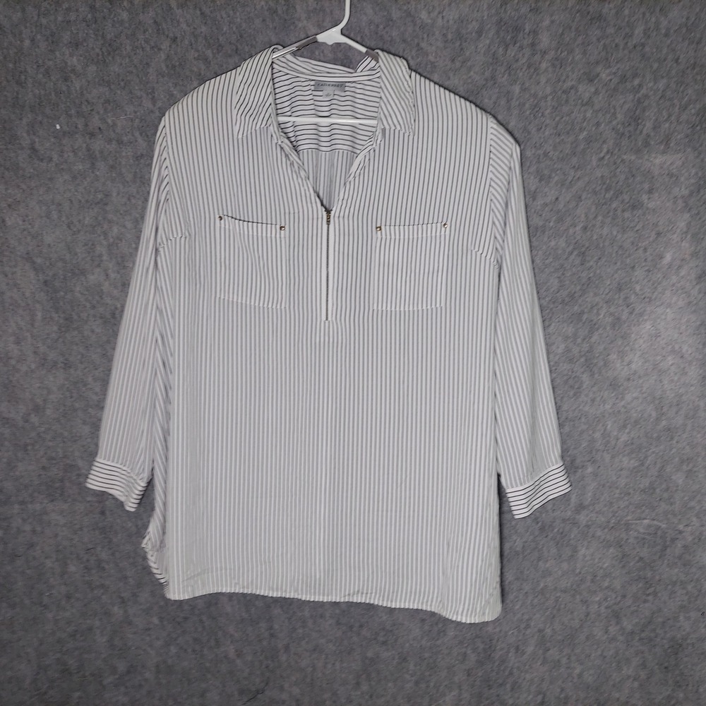 Catherines Blouse 3X White Striped Minimalist Collar Zip Front 3/4 Sleeve Tunic